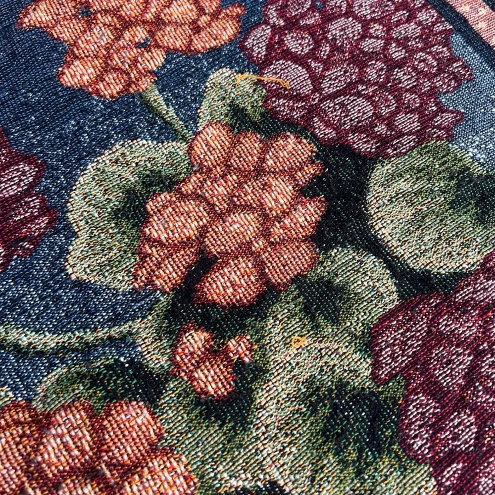 Vintage Dog and Cat Cuddling on Brick Porch Floral Woven Tapestry Blanket Throw